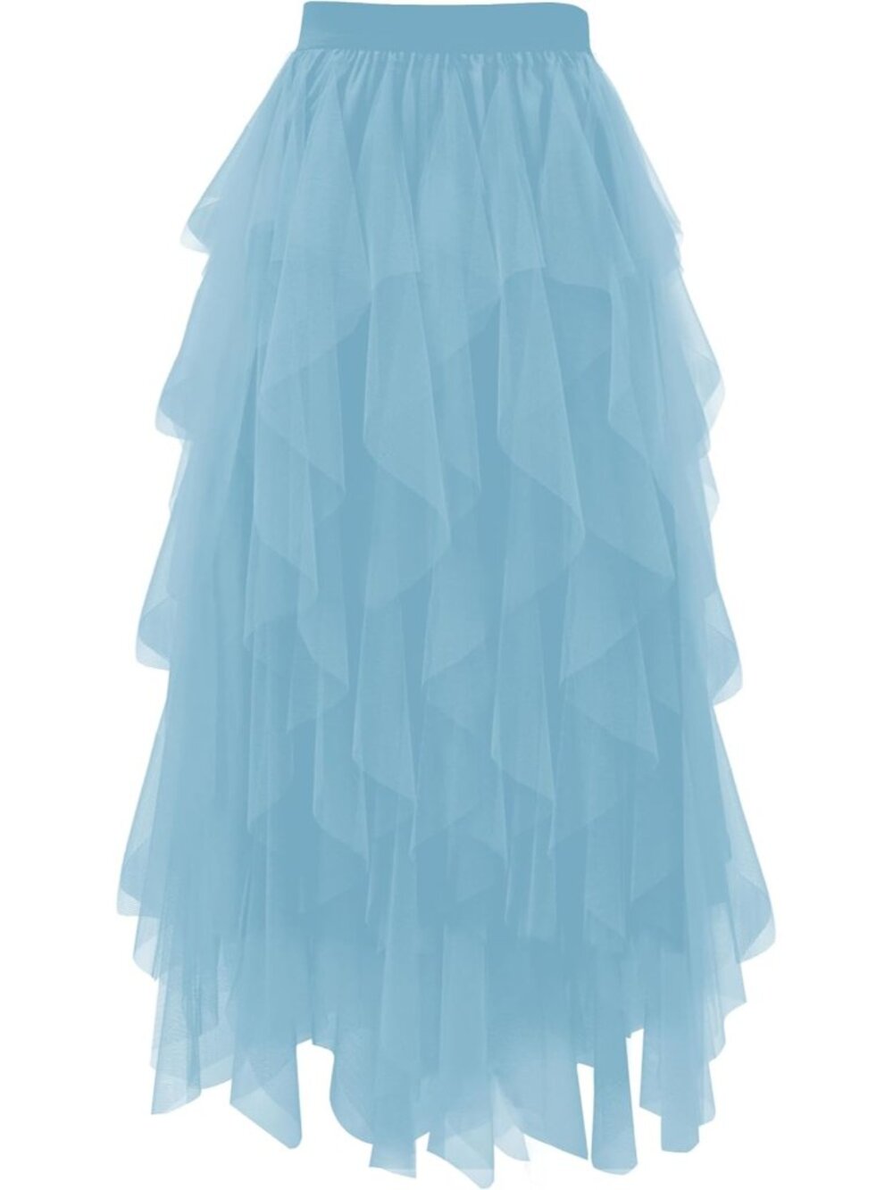Women's Sky Blue High Waist Layered Tulle Mesh Ruffle Asymmetric Midi Tutu Skirt
